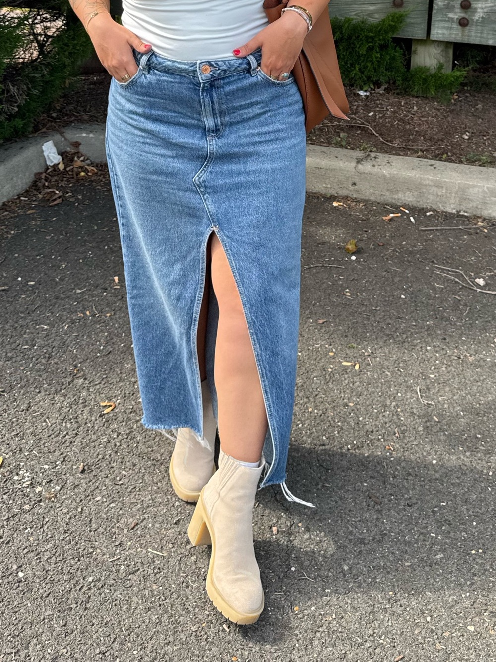 Garage Blue Denim Maxi Skirt with Center Front Slit